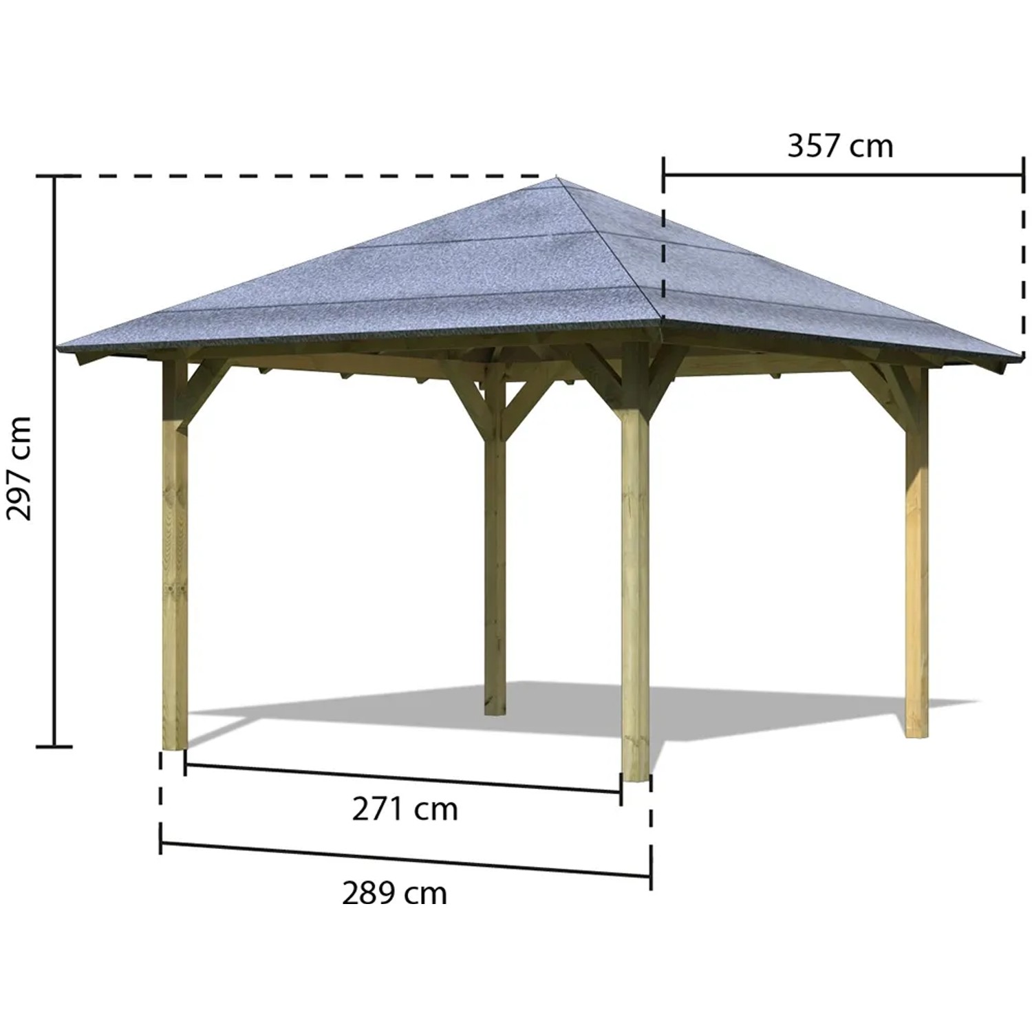 Karibu 4-Eck-Pavillon Bever 2 aus Holz, kesseldruckimprägniert, mit Maßangaben.