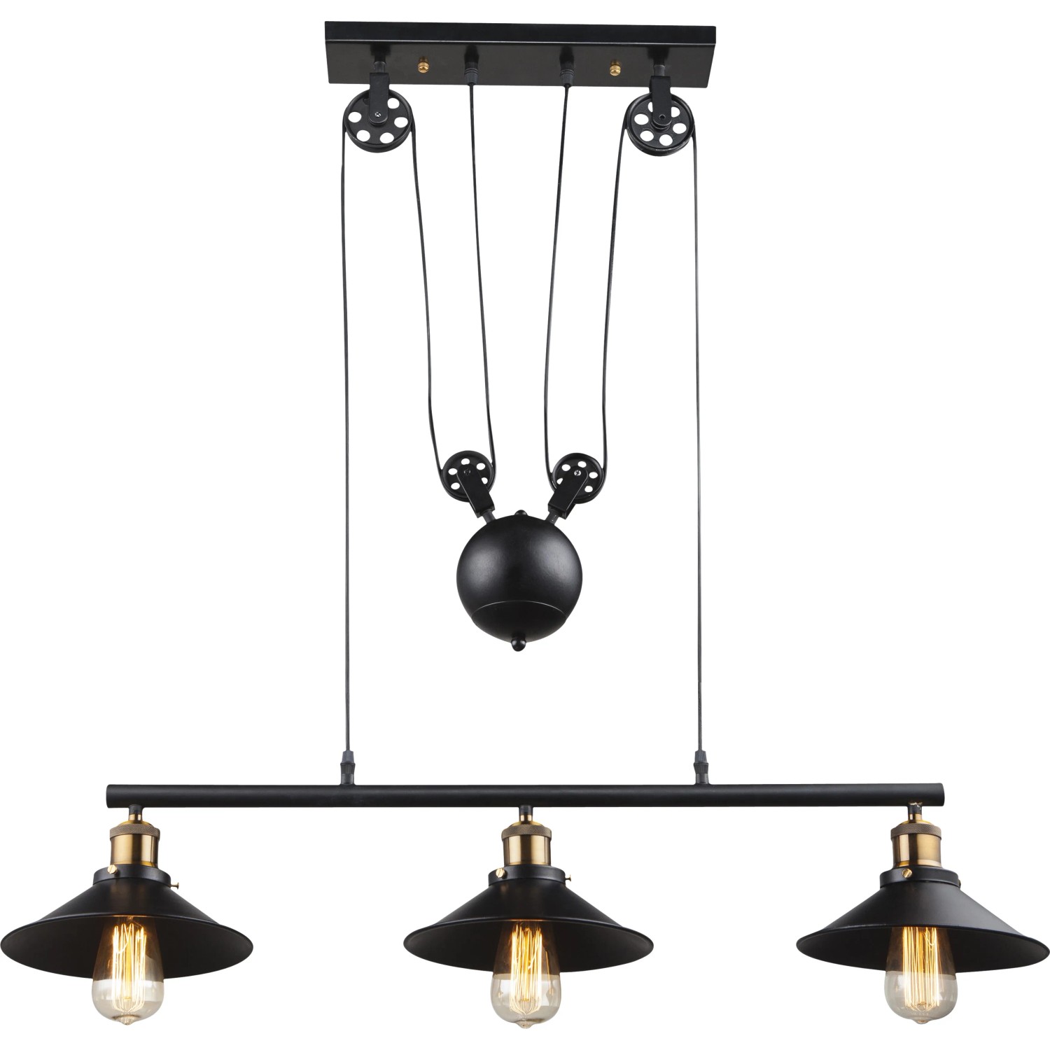 Schwarze Globo Pendelleuchte LENIUS mit drei Lampenschirmen und Höhenverstellung.