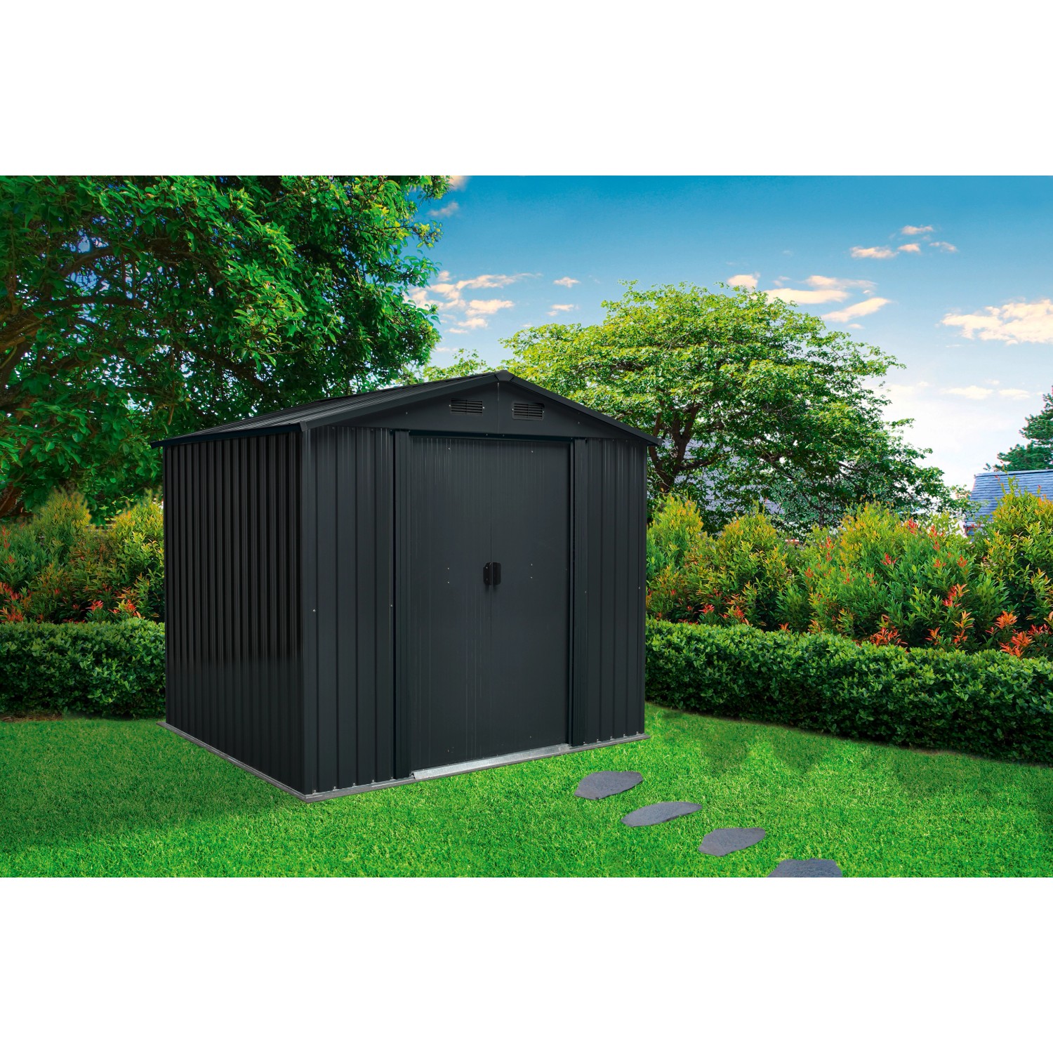 Floraworld Metall-Gerätehaus in Anthrazit (3,66 m²) im Garten.