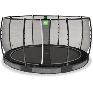 Schwarzes EXIT Allure Premium Bodentrampolin Ø 427 cm mit Sicherheitsnetz.