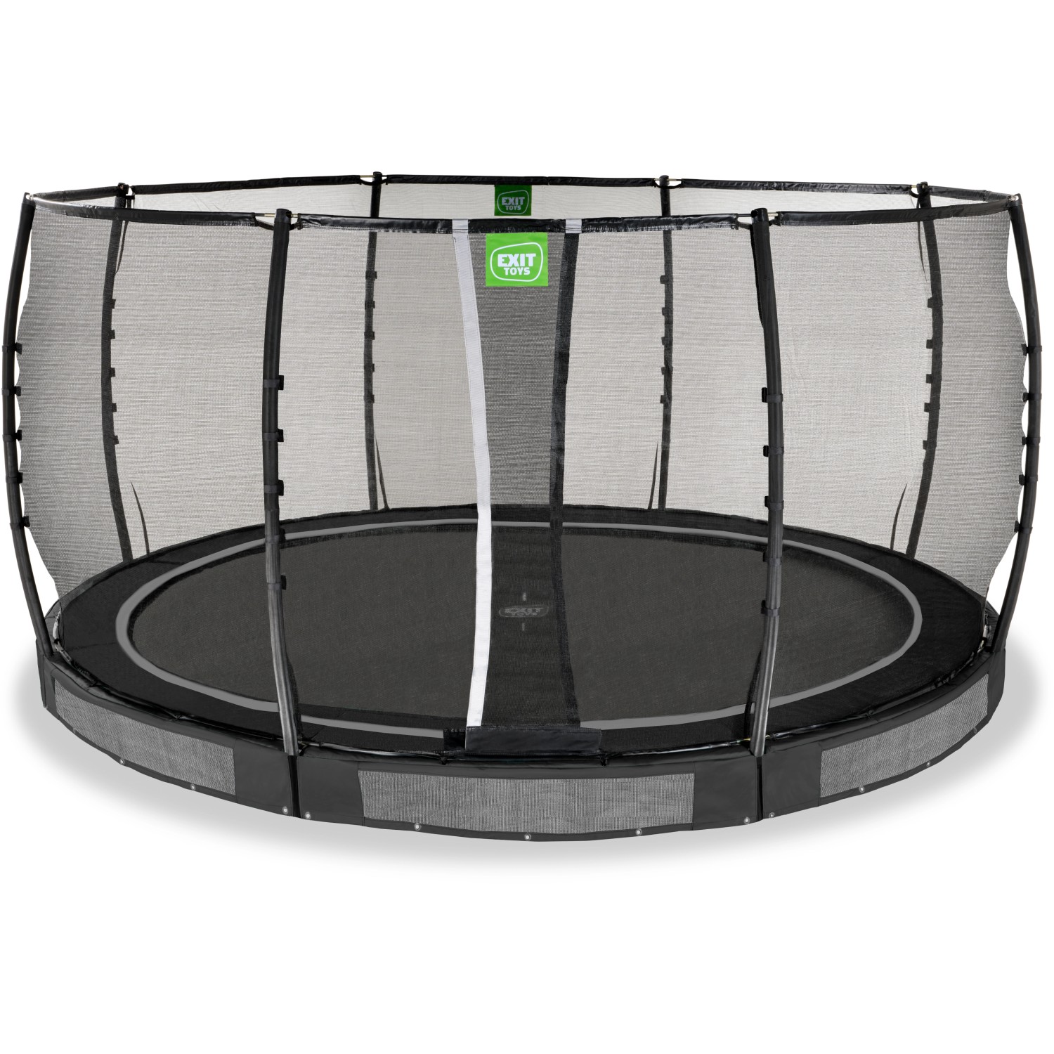 Schwarzes EXIT Allure Premium Bodentrampolin Ø 427 cm mit Sicherheitsnetz.