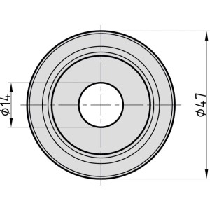 Technische Zeichnung der runden Basi Abdeckrosette aus Messing für Türspione, Ø47mm außen, Ø14mm innen.