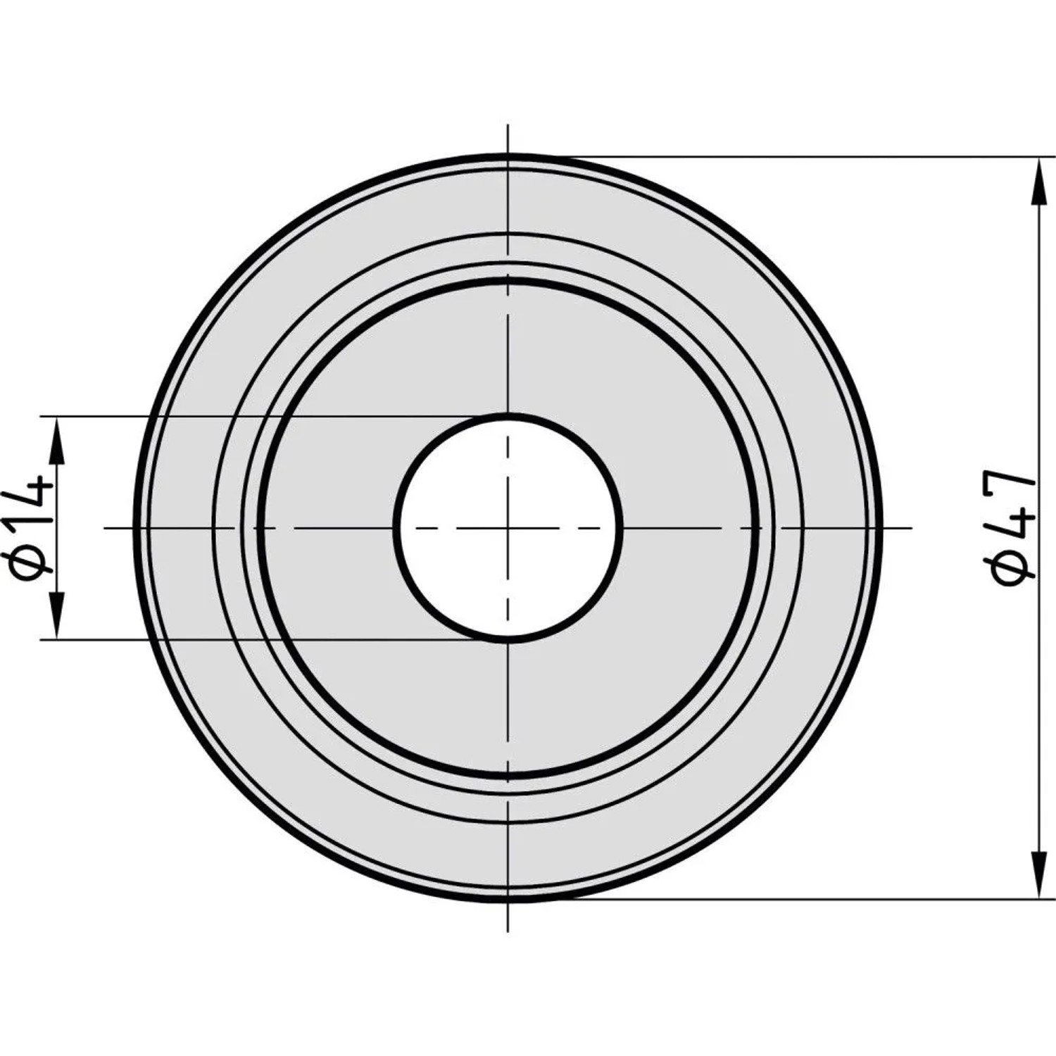 Technische Zeichnung der runden Basi Abdeckrosette aus Messing für Türspione, Ø47mm außen, Ø14mm innen.