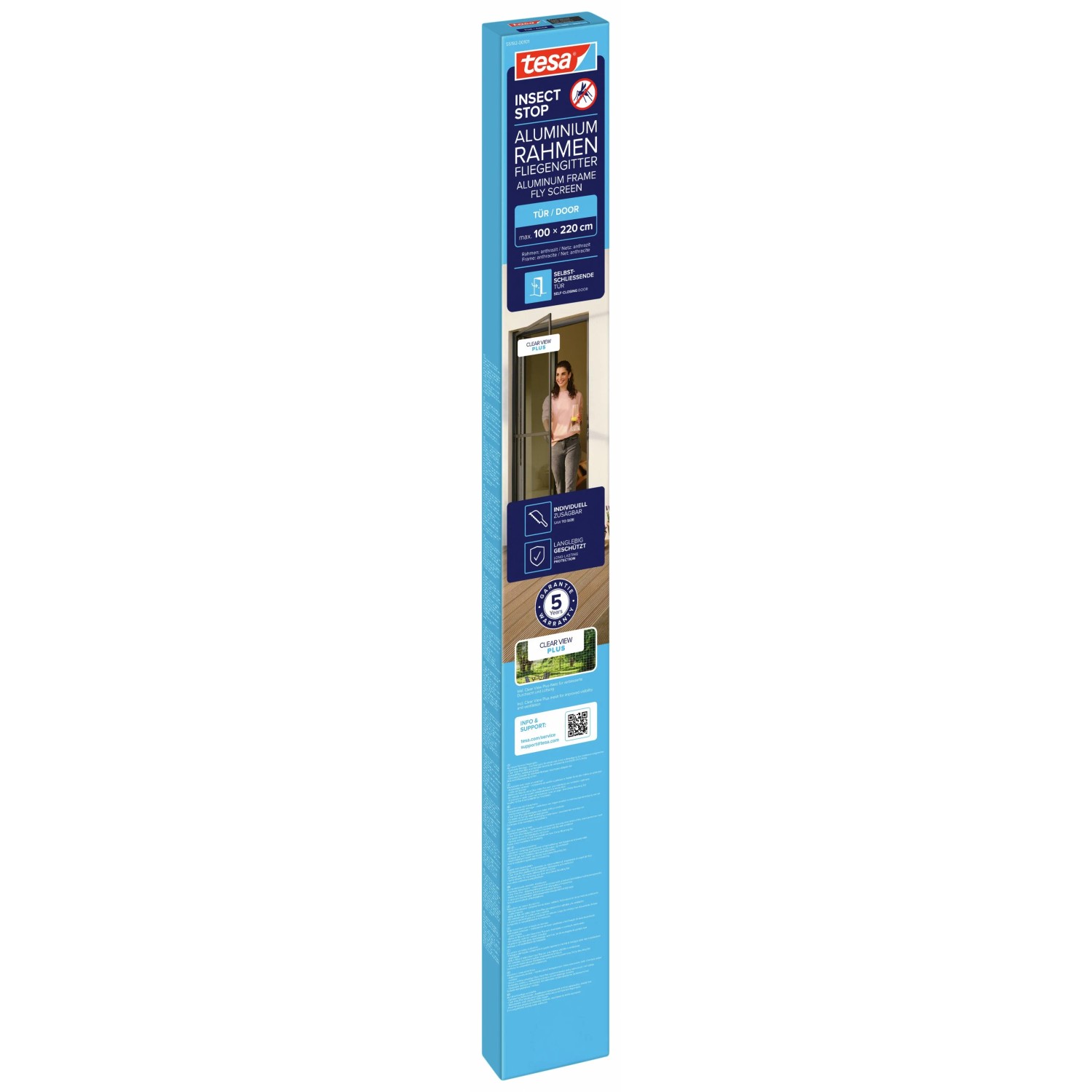Verpackung des tesa® Insect Stop Aluminium Rahmen Fliegengitter Tür in Anthrazit.