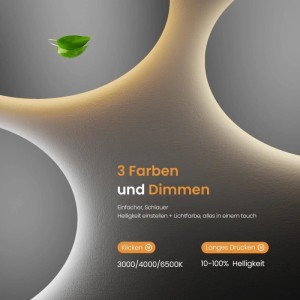 Grafik: Emke Badspiegel mit 3 dimmbaren Lichtfarben (3000K, 4000K, 6500K) und Helligkeitsregelung (10-100%) per Touch.