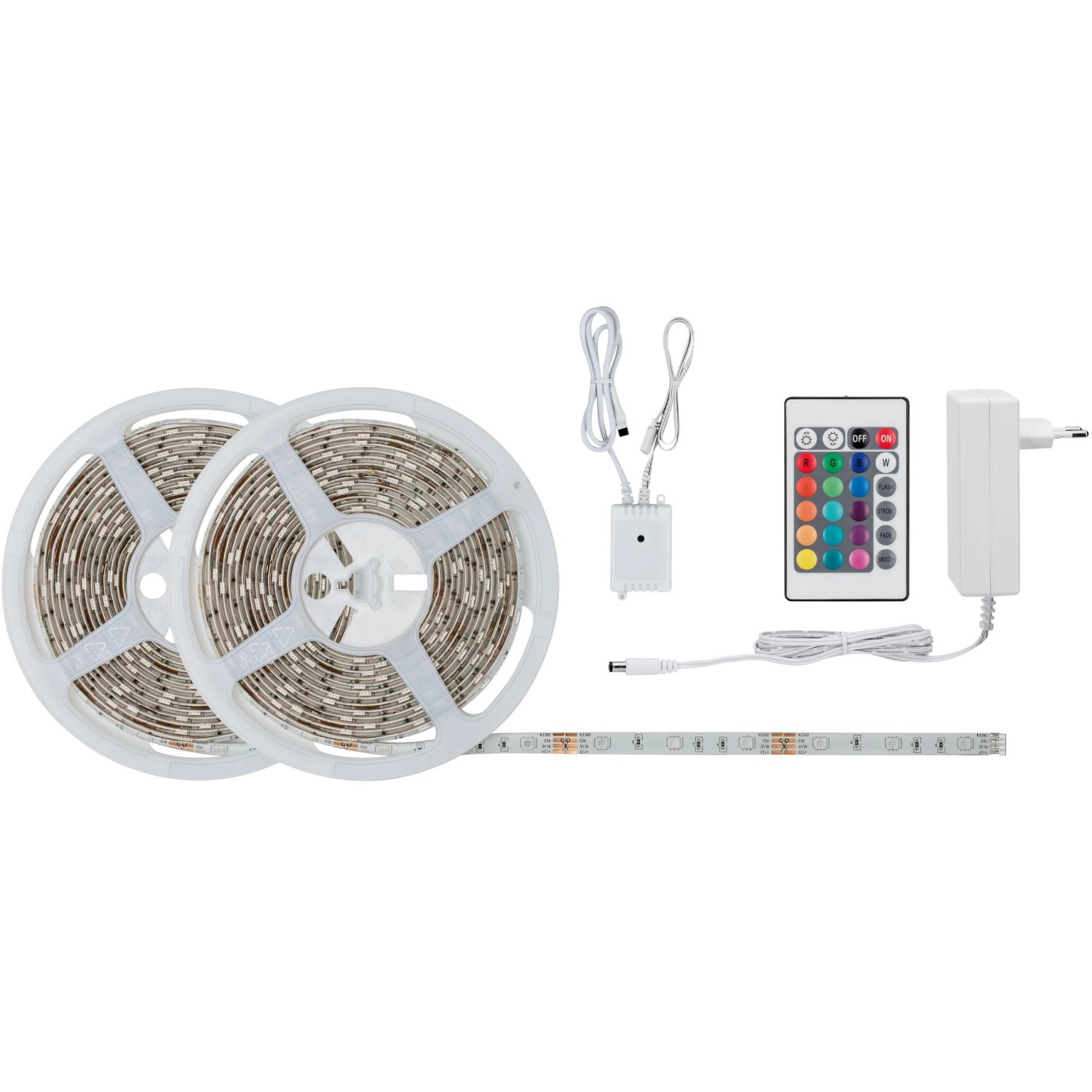 SimpLED Strip Set 10m RGB: LED-Streifen auf Rollen, Fernbedienung und Netzteil.