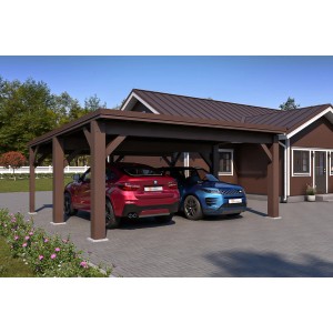 Holzbrüder Carport Ralf 36 in Grau- und Dunkelbraun mit zwei geparkten Autos.