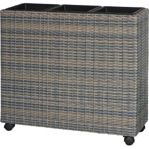 Anthrazit-beiger Polyrattan Pflanzkasten mit Rollen und 3 Pflanztöpfen, 82x28x72 cm.