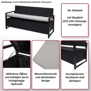 Anthrazitfarbene Poly-Rattan Sitzbank mit grauem Kissen und Staufach.