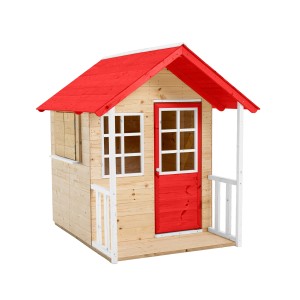 Zwerkules Spielhaus Lolla, rotes Holzdach, Veranda. FSC®-zertifiziertes Holz für sicheren Spielspaß.