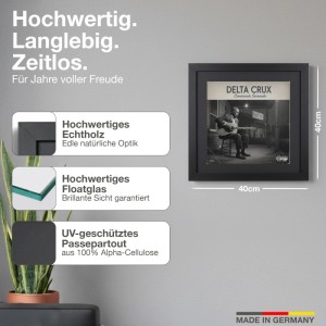 2er Set schwarze Schallplattenrahmen 40x40 cm mit Passepartout für Cover.