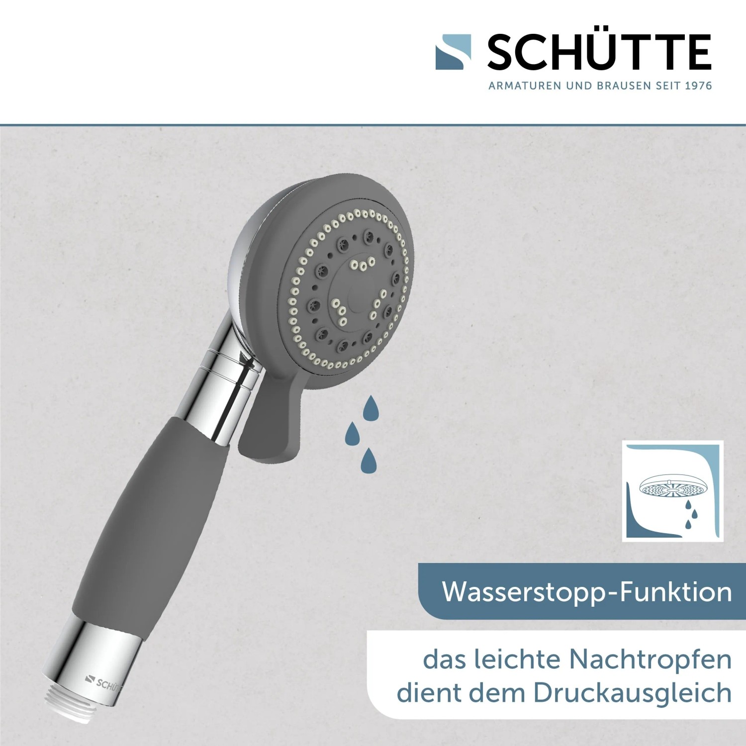 Schütte Handbrause Vital Chrom, grau/silber mit Wasserstopp-Funktion.