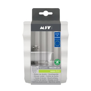 Verpackung eines transparenten MSV Duschvorhangs aus PVC, 180x200 cm.