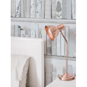 Detailaufnahme der Papiertapete Fresco Botanik-Bibliothek in Weiß-Blau mit Bücherregal-Motiv.