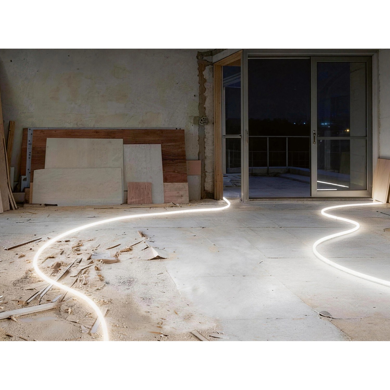 Kabeltrommel mit 25 m Lichtband auf Baustelle, leuchtend.