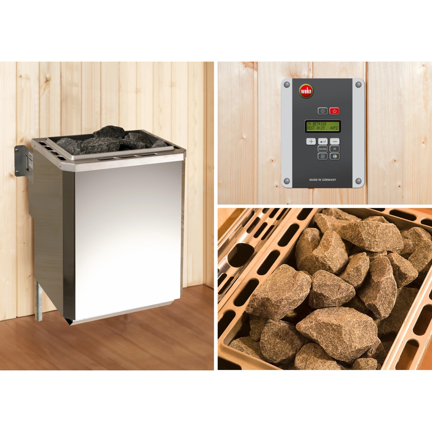Weka Saunaofen Set: Ofen, Steuerung und Saunasteine für Weka Elementsauna Varberg.
