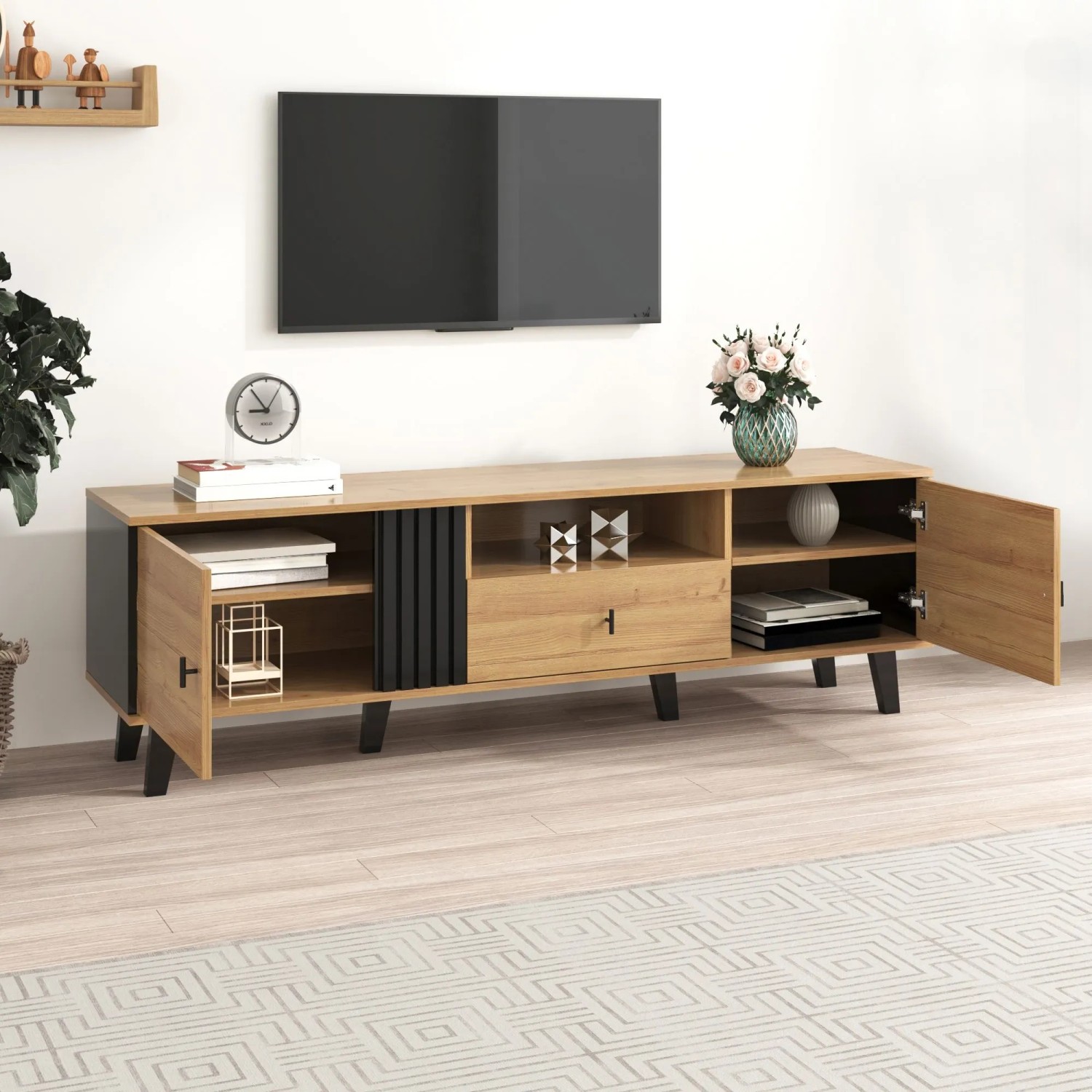 okwish TV Schrank mit Schubladen Stauraum Holzdesign 170x40x50.5cm Natur Schwarz_2