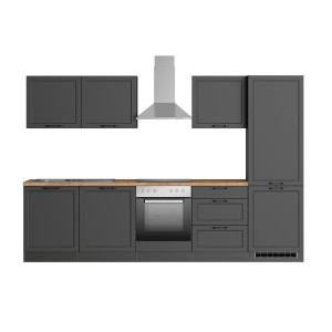 Moderne Küchenzeile Kempten 300 cm in Graphit/Grau mit E-Geräten und Edelstahl-Dunstabzugshaube.