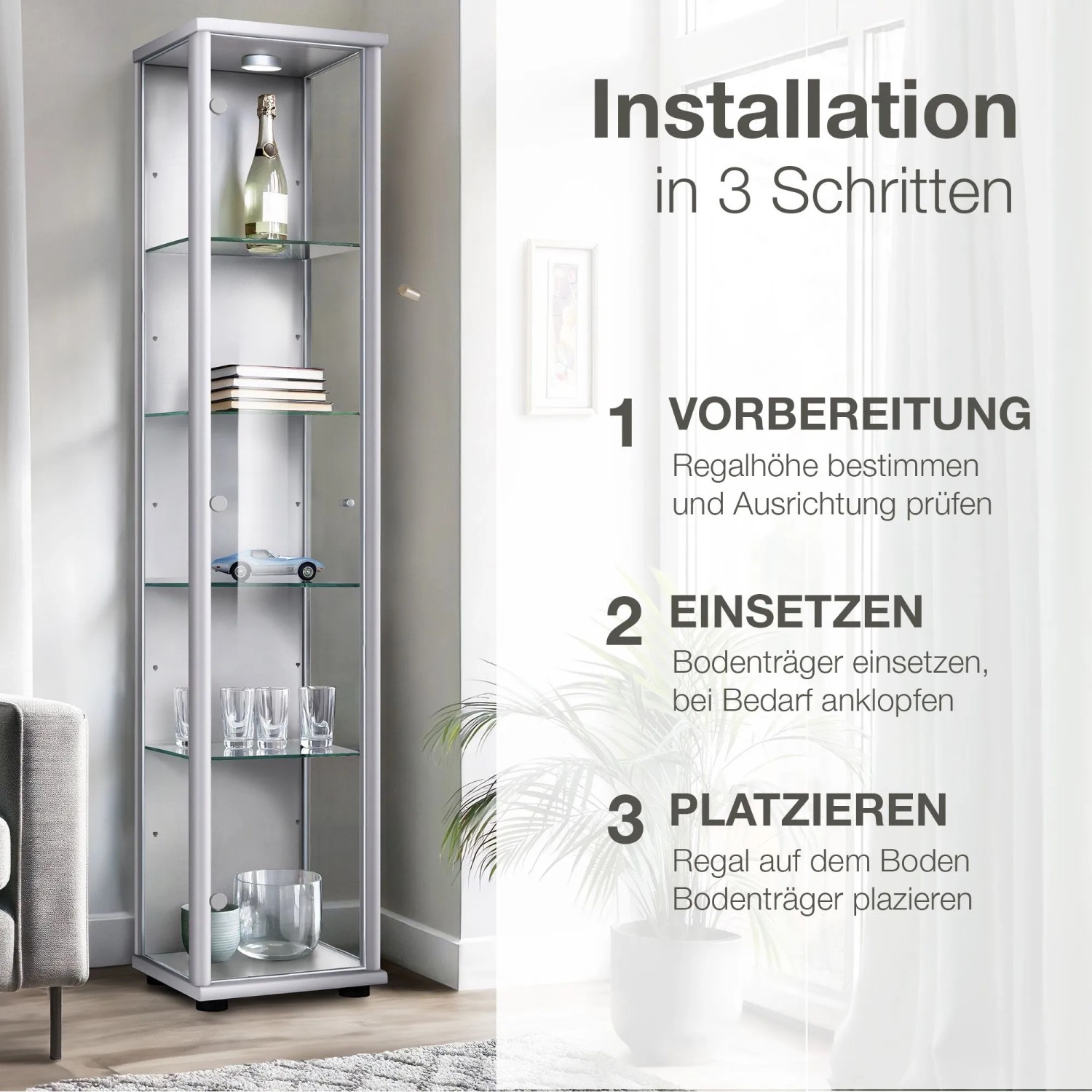 Glasboden-Erweiterungsset für Vitrine, 4 ESG-Glasböden mit Bodenträgern zur flexiblen Gestaltung.