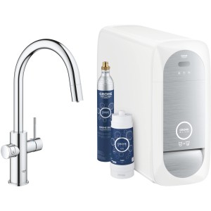 Grohe Blue Home Starter Kit mit Armatur, Kühler, Filter und CO2-Flasche.
