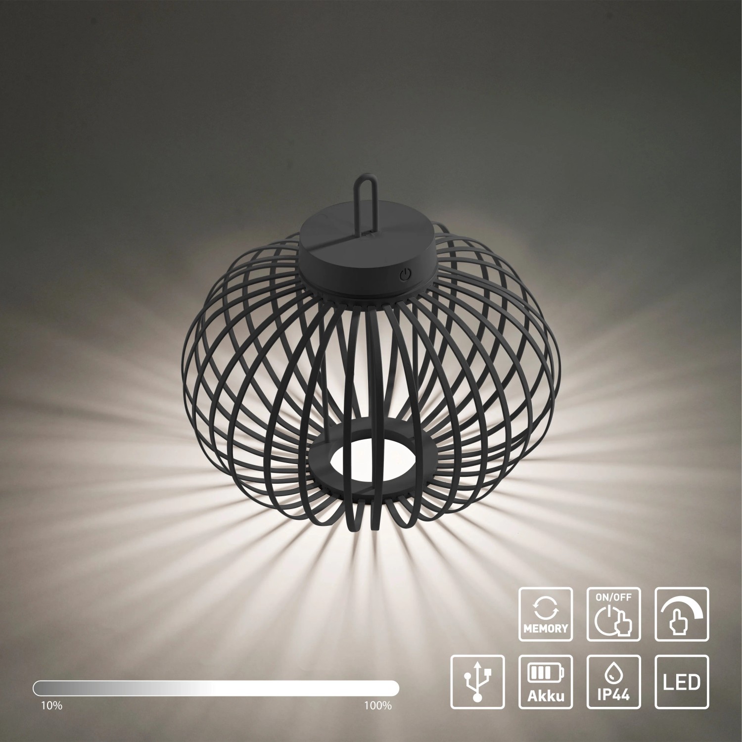 Schwarze LED Akku Pendelleuchte Akuba, 33 cm, für Innen und Außen. Dekorative Außenleuchte.