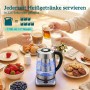 HOMCOM Wasserkocher aus Glas/Edelstahl, silber, mit blauer LED, kochend auf Frühstückstisch. Ideal für Heißgetränke mit Temperaturwahl.