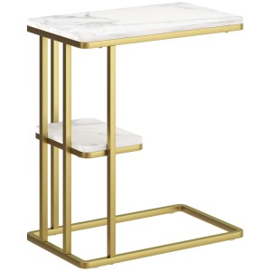 Eleganter HOMCOM Beistelltisch C-Form, weißer Marmoroptik-Platte, goldfarbenem Stahlrahmen, 2 Ablagen.