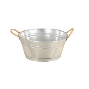 Ovale Zinkwanne mit Seilgriffen, 42x54x25 cm, ideal als Pflanzschale oder zur Aufbewahrung.