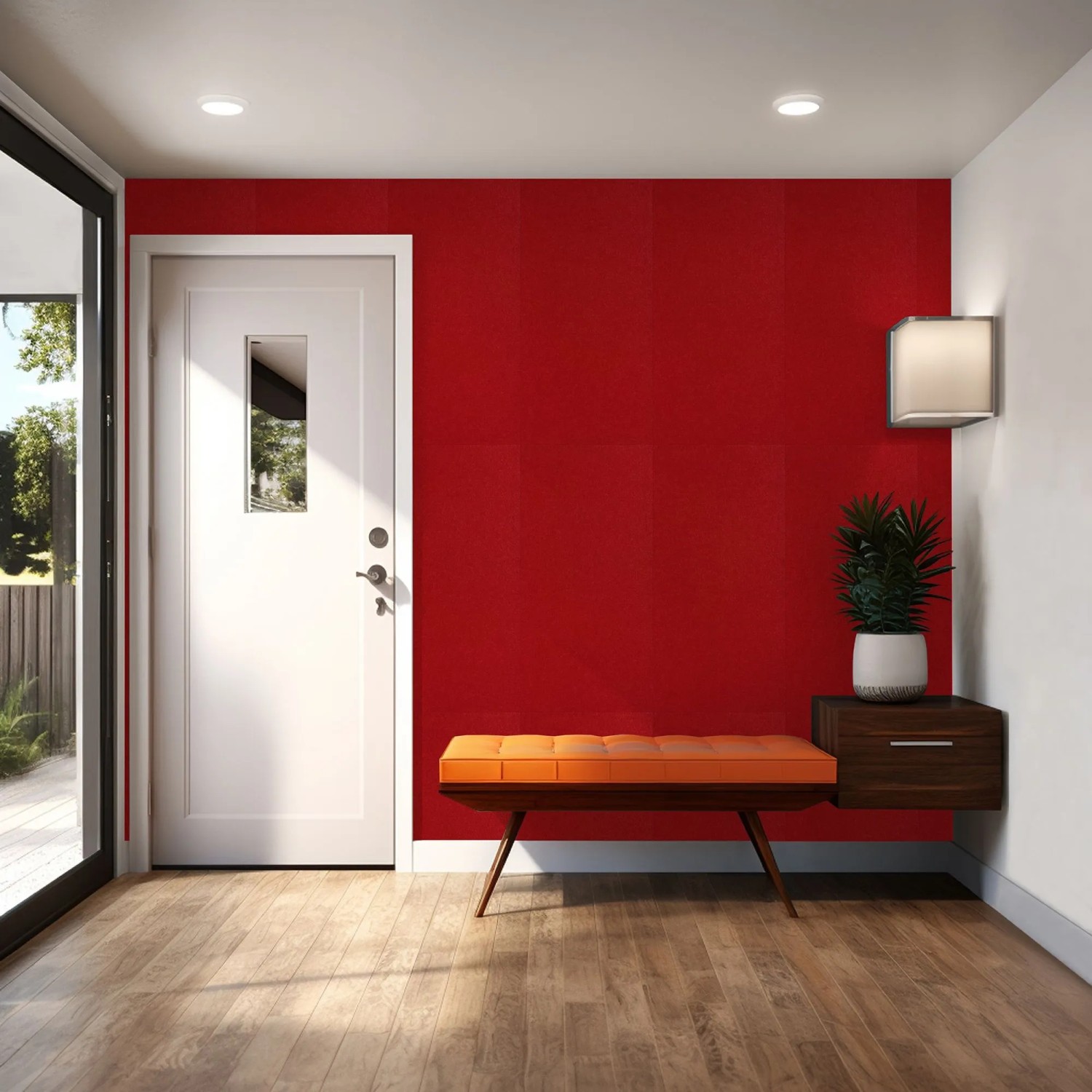 Jangal Wandpaneel Modular Wall in Kirschrot mit gefasten Kanten an einer Wand im modernen Eingangsbereich.
