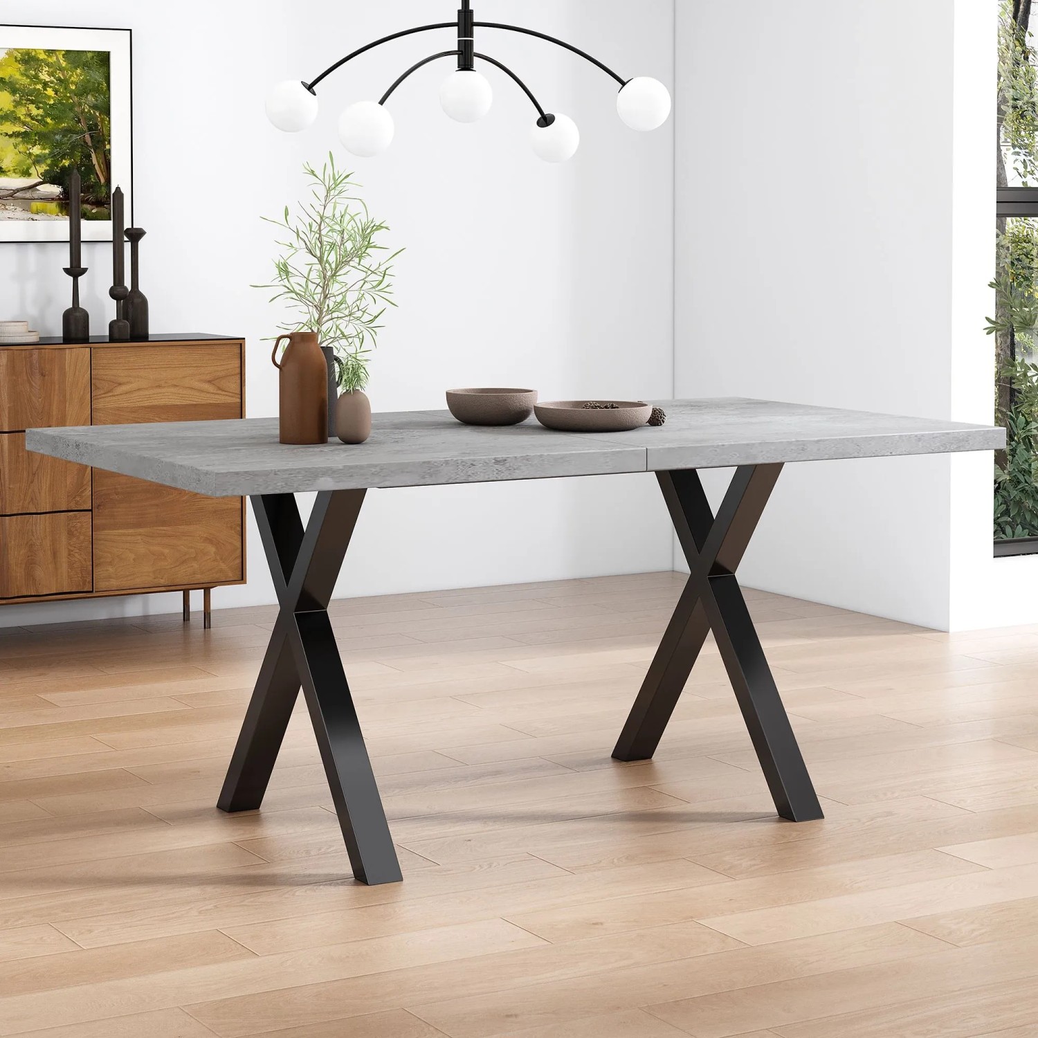 Rechteckiger Esstisch/Couchtisch 140x80 cm mit grauer Platte und schwarzen X-förmigen Metallbeinen. Modernes Design.