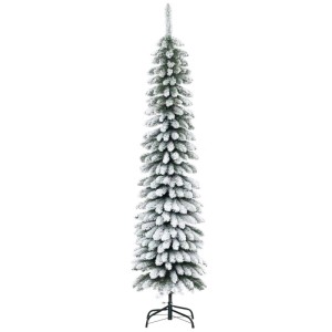 Künstlicher Weihnachtsbaum, 180 cm hoch, schlank, mit grünen, schneebedeckten Zweigen und schwarzem Metallständer.