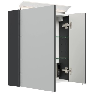 Posseik Spiegelschrank, 60 cm, Grafit, mit LED-Lampe und Glasböden. Offene Türen zeigen Innenleben.