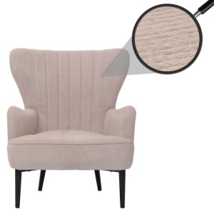 Beiger Cord Loungesessel K37 mit Armlehnen und schwarzen Füßen.