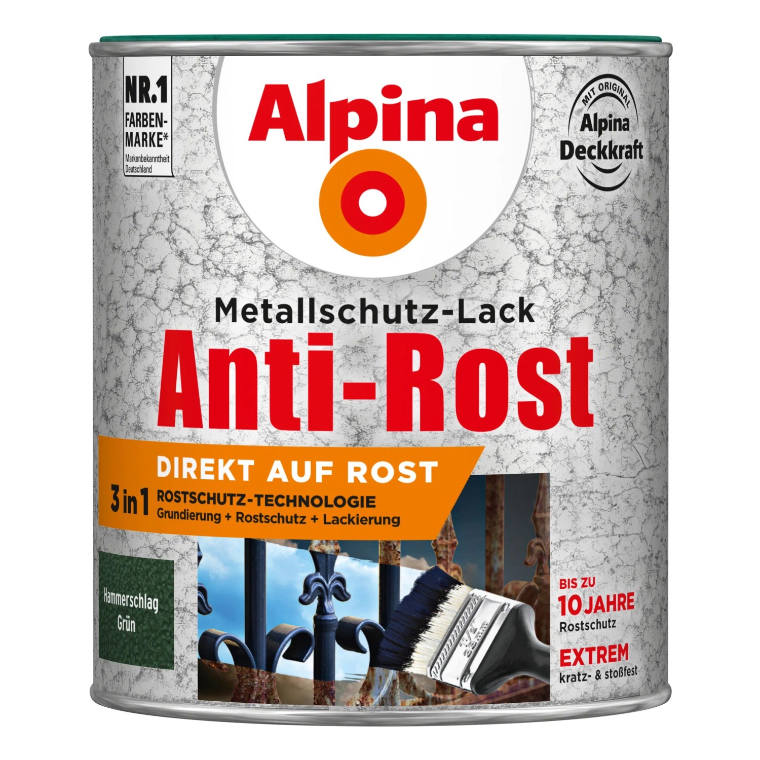 Dose Alpina Metallschutz-Lack Anti-Rost Grün Hammerschlag, 750ml.