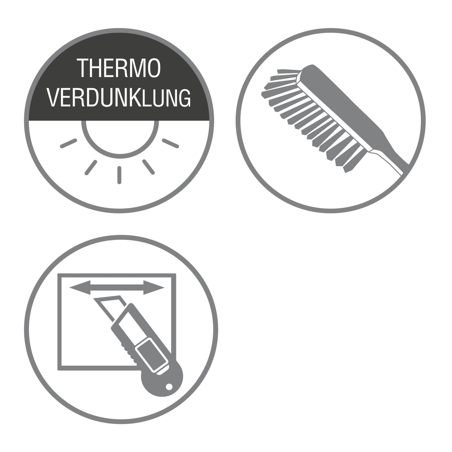 Symbole für Thermo, Verdunklung, Reinigung und Zuschnitt des Gardinia EasyFix Rollos.