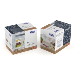 Rotho Kühlschrankorganizer Cauma, 2er-Set, weiße Behälter in Produktverpackung.