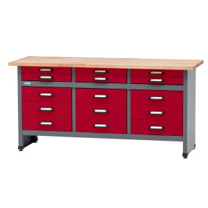 Küpper Werkbank mit 15 Schubladen, dunkelrot, mit Buchenholzplatte. Ideal für Werkstatt & Hobby.
