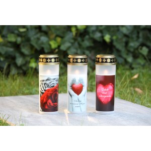 FlowerPower LED Grablampen Gloria, 3 weiße Lampen mit Rosen- und Herzmotiven, Ø 7x21 cm.