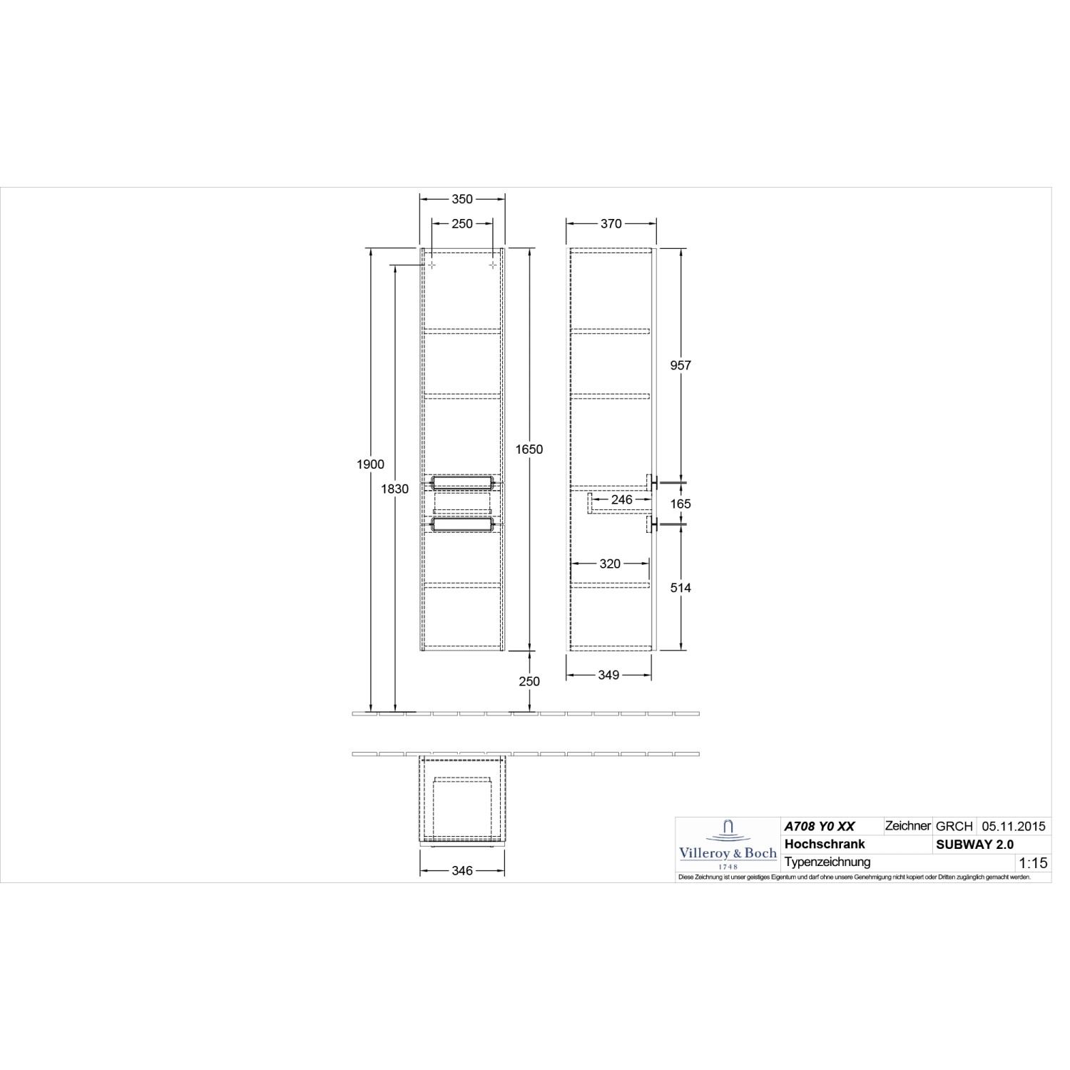 Technische Zeichnung Villeroy & Boch Subway 2.0 Hochschrank, Maße und Details.