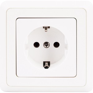 Weiße PrimaLuxe Steckdose mit Rahmen für die Unterputzmontage.