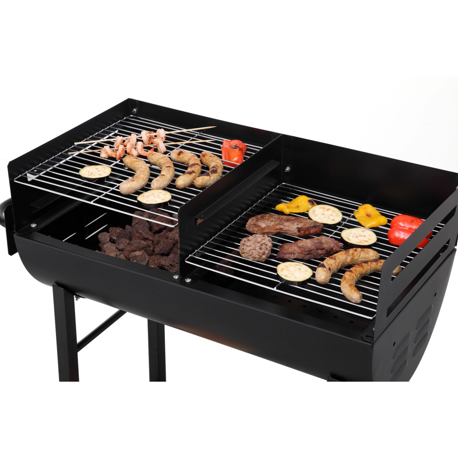 Tepro Grillfass Detroit Holzkohlegrill mit Grillgut auf zwei Grillrosten.
