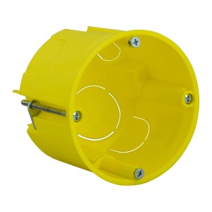 Orangefarbene Hohlwanddose, 68 mm Durchmesser, 60 mm tief, für Schalter und Steckdosen.