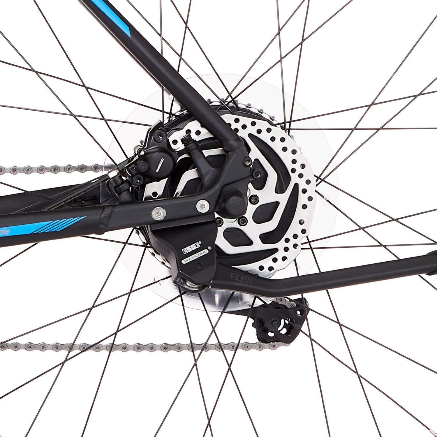 Detailaufnahme Hinterrad, Bremsen und Motor des Fischer E-Bike Mountainbike Montis EM 1724.