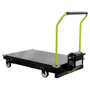Grün-schwarzer Zipper Scherenhubwagen ZI-SHW200LIFT mit elektrischer Hubplattform für 200 kg Traglast.