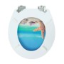 Weißer Sinobath MDF WC-Sitz mit Absenk-Automatik, Strandmotiv, Seestern und Muscheln auf blauem Wasser.