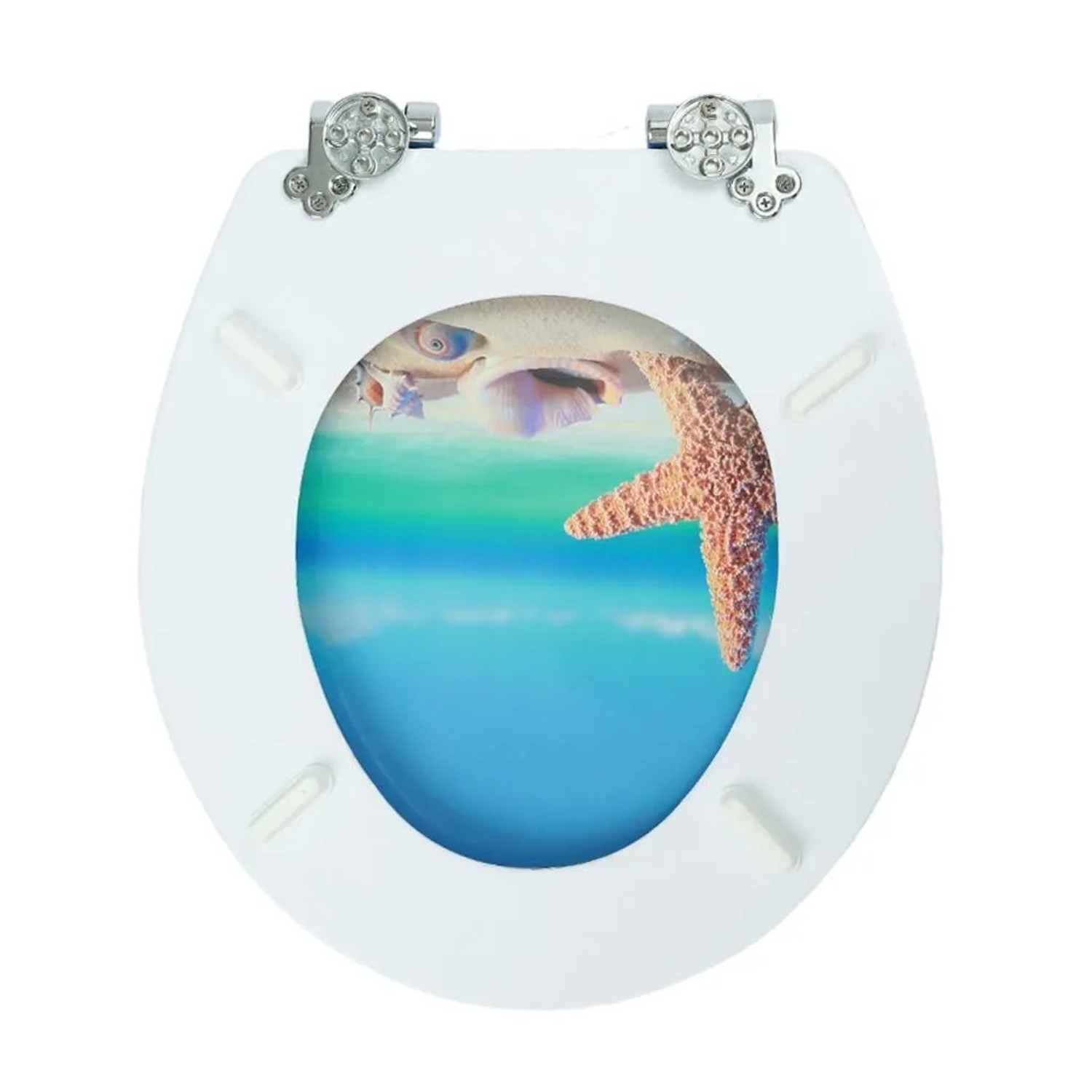 Weißer Sinobath MDF WC-Sitz mit Absenk-Automatik, Strandmotiv, Seestern und Muscheln auf blauem Wasser.