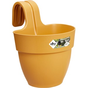 Honiggelber Elho Blumenkasten Vibia Campana S, ein Hängetopf für Geländer bis 6 cm.