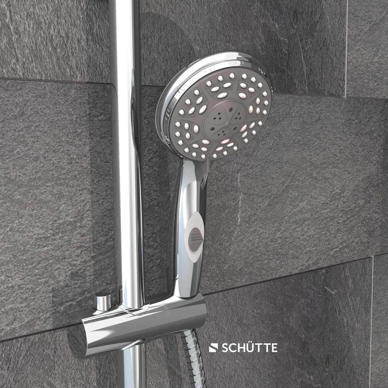 Schütte Aqua-2-Save Handbrause, Chrom, mit Wasserstopp und Anti-Kalknoppen.