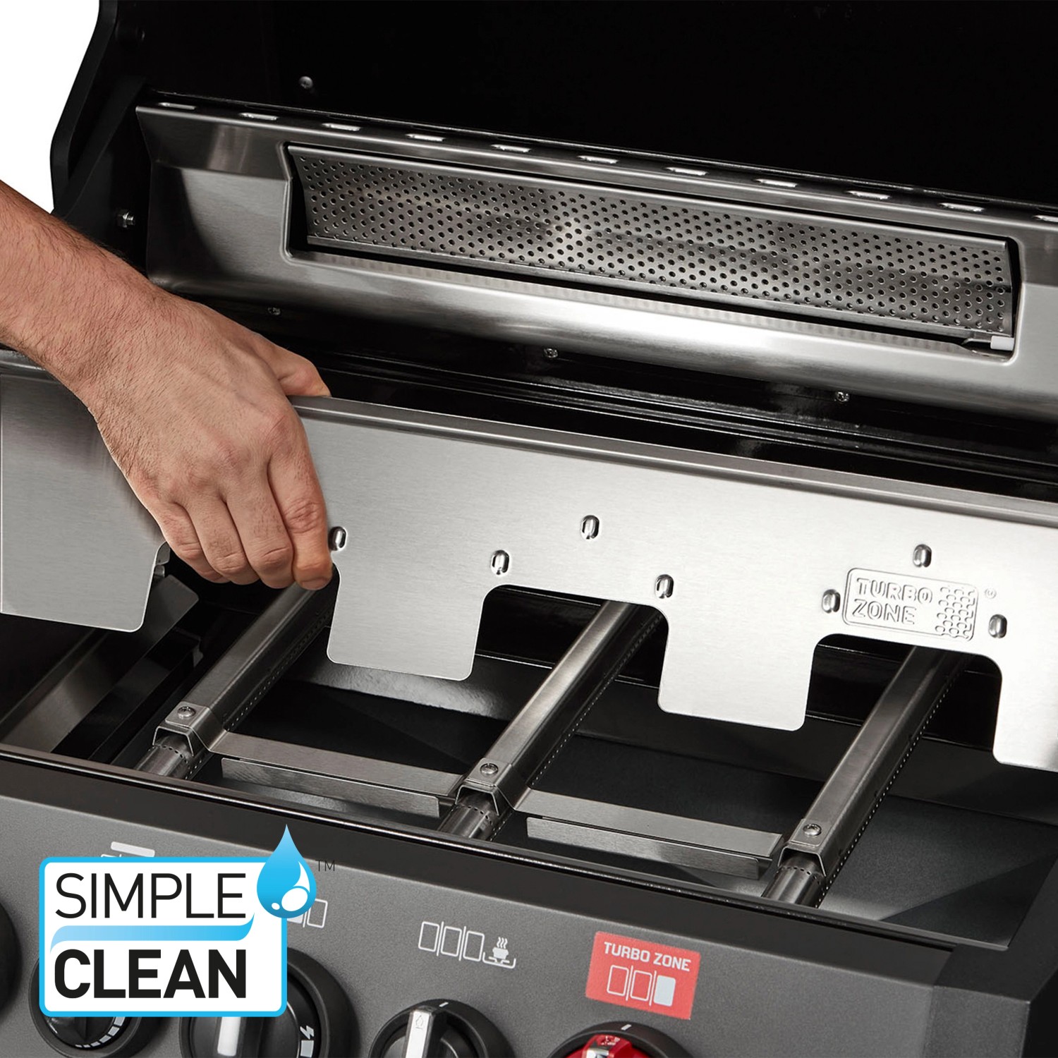 Detailaufnahme: Enders Gasgrill Monroe Pro 3 SIK Turbo, Simple Clean System, Brenner und Turbo Zone.