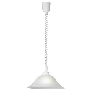 Weiße Eglo Pendelleuchte Albany mit alabasterfarbenem Glasschirm und Zugpendel.